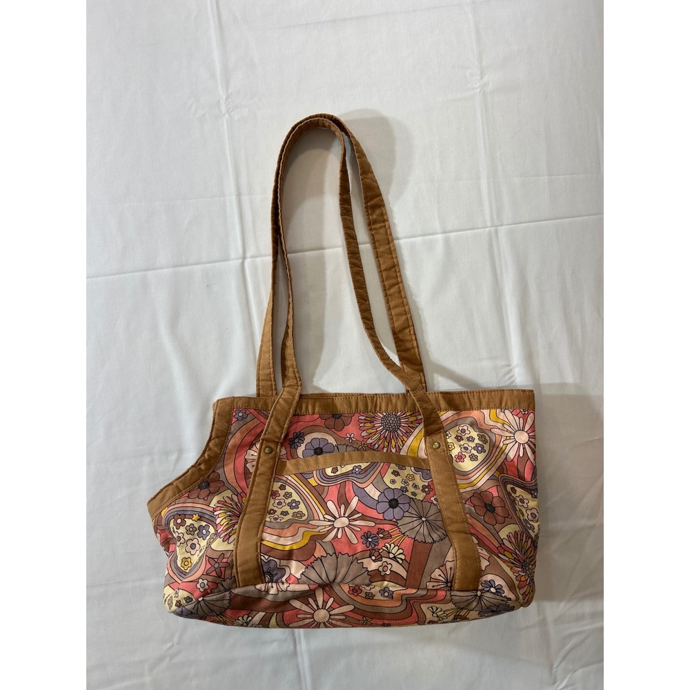 Vintage Style Psychedelic Floral Canvas Tote Bag Retro 70s Pink Brown Large